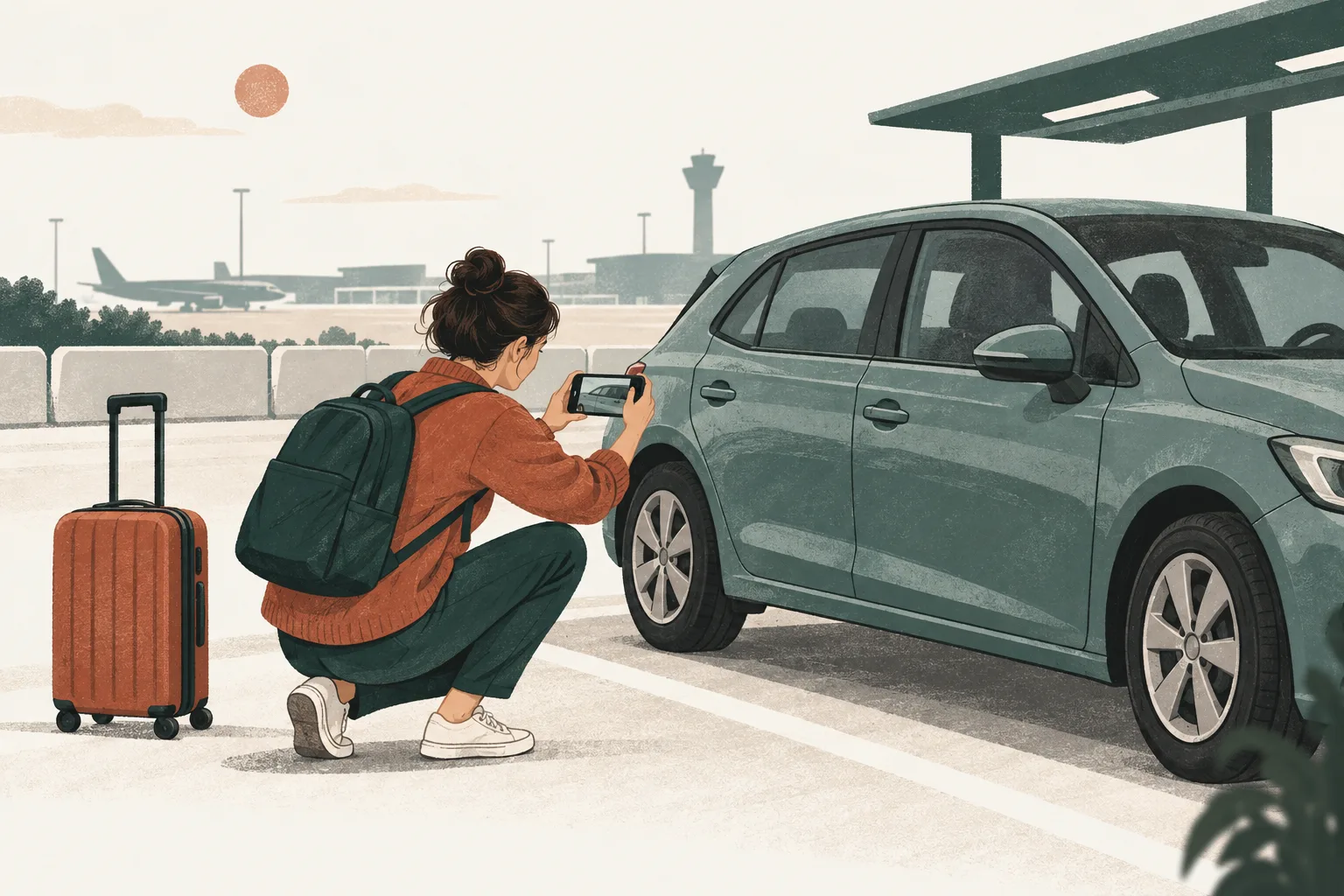 Illustration of a traveller photographing a rental car before returning it.